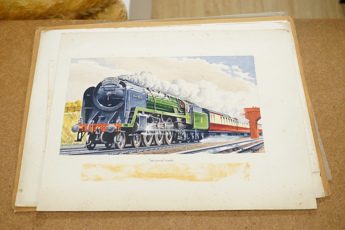 Alan Anderson, six original watercolours for postcard designs, Steam Trains to include ‘Scarborough Flyer’, ‘The Deron Belle’ and ‘Great Northern’, each signed, 26 x 37cm